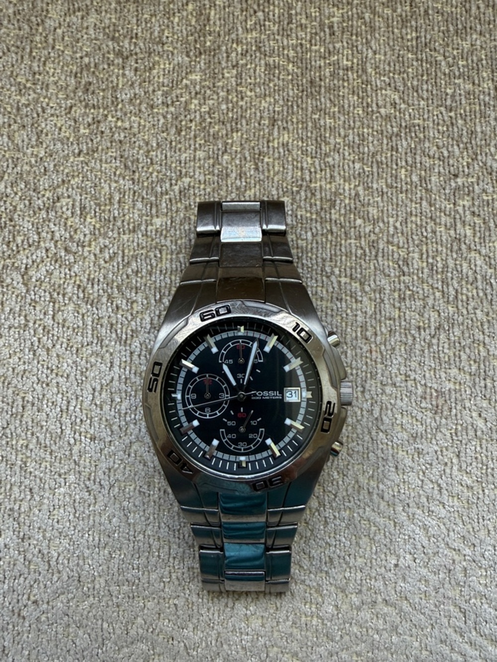 Fossil Stainless Steel Watch with Black Dial and Silver Bracelet